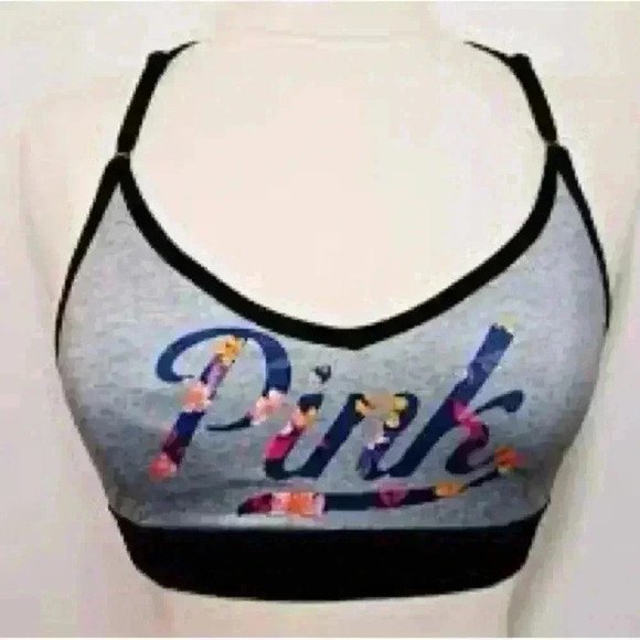 Victoria’s Secret Pink Strappy Sports Bra Lightly Padded Gray Floral Logo - Picture 2 of 7